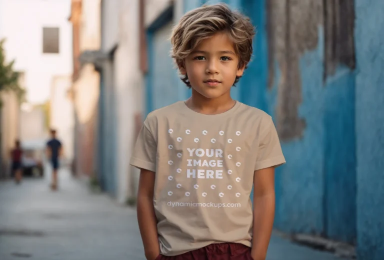 Boy Wearing Beige T-shirt Mockup Front View Template