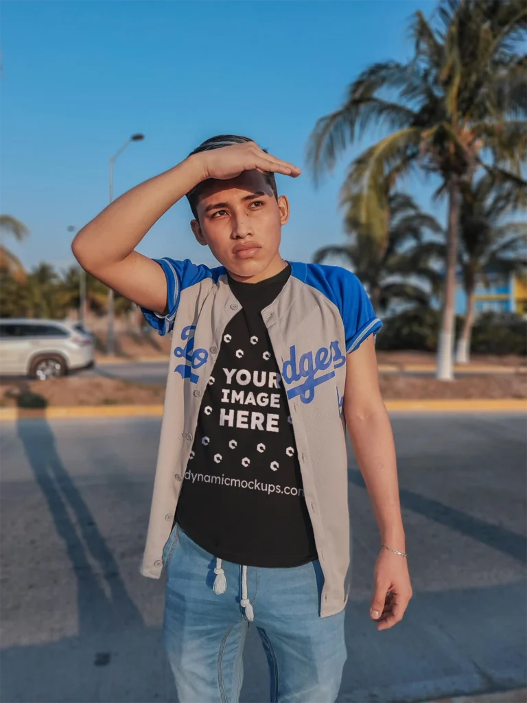 Boy Wearing Black T-shirt Mockup Front View Template