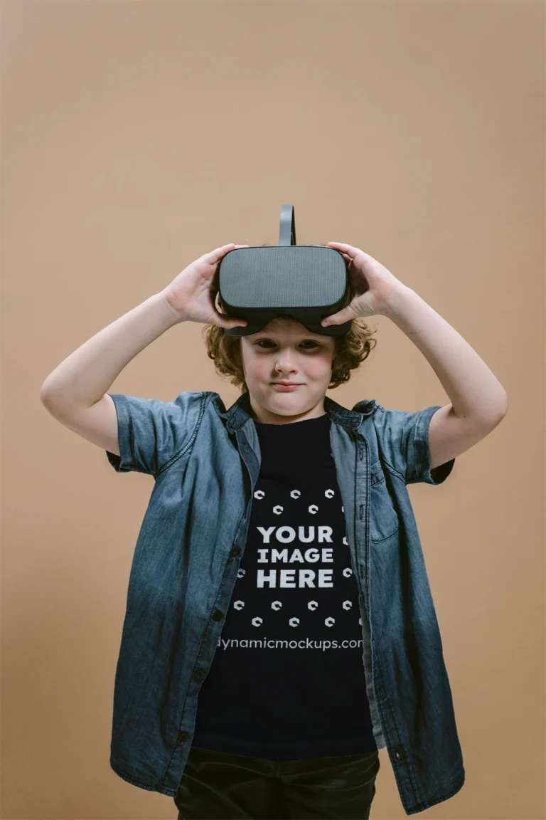 Boy Wearing Black T-shirt Mockup Front View Template