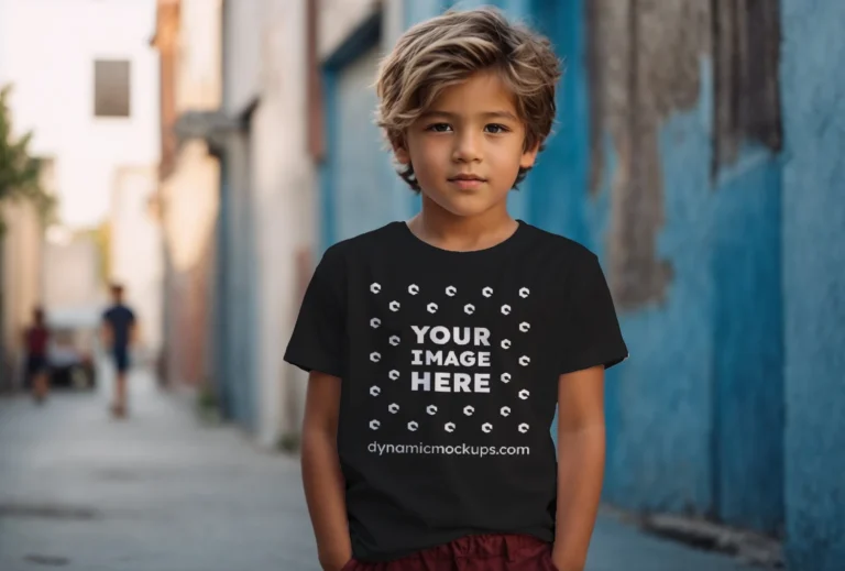 Boy Wearing Black T-shirt Mockup Front View Template