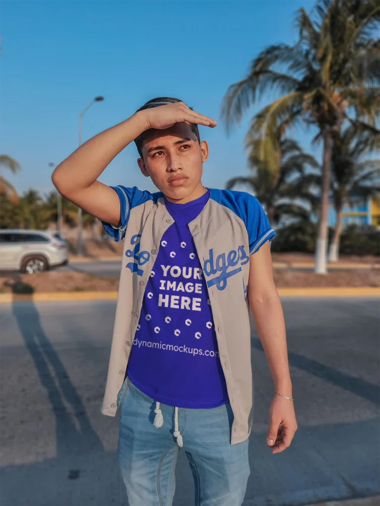 Boy Wearing Blue T-shirt Mockup Front View Template