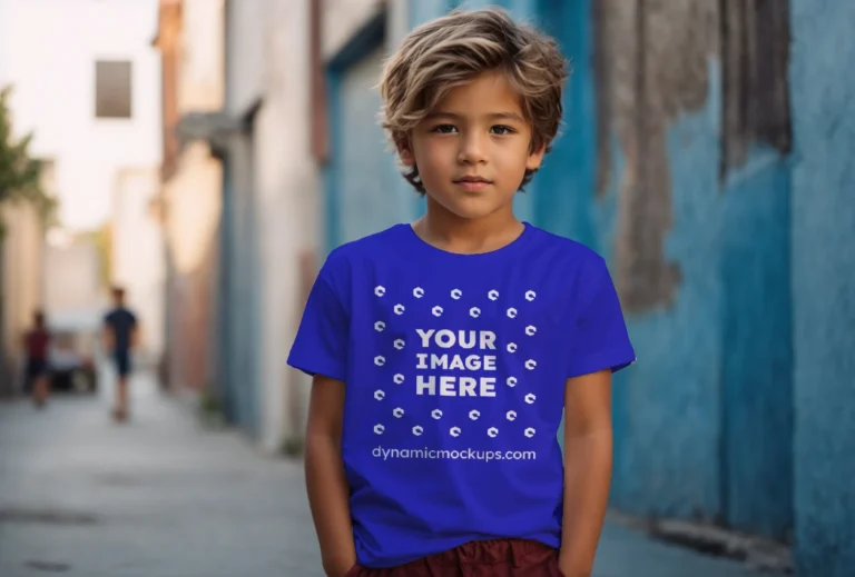 Boy Wearing Blue T-shirt Mockup Front View Template