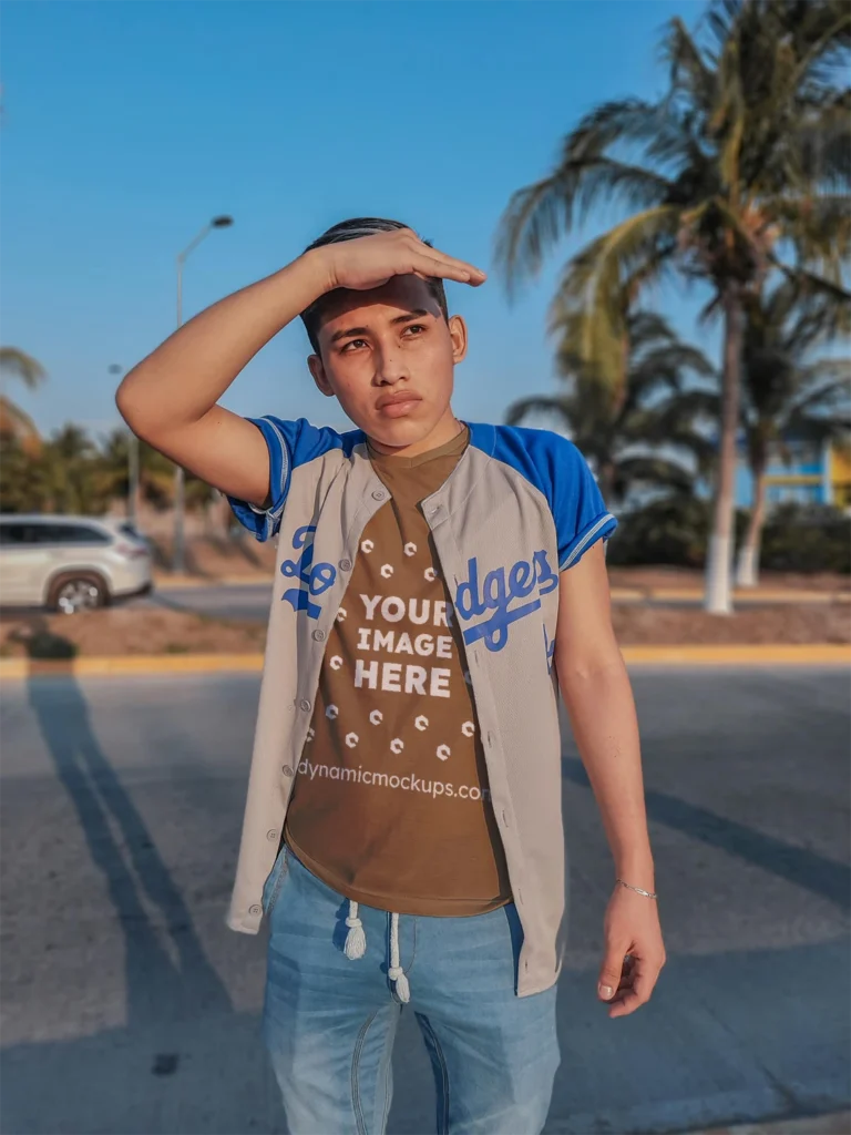 Boy Wearing Brown T-shirt Mockup Front View Template