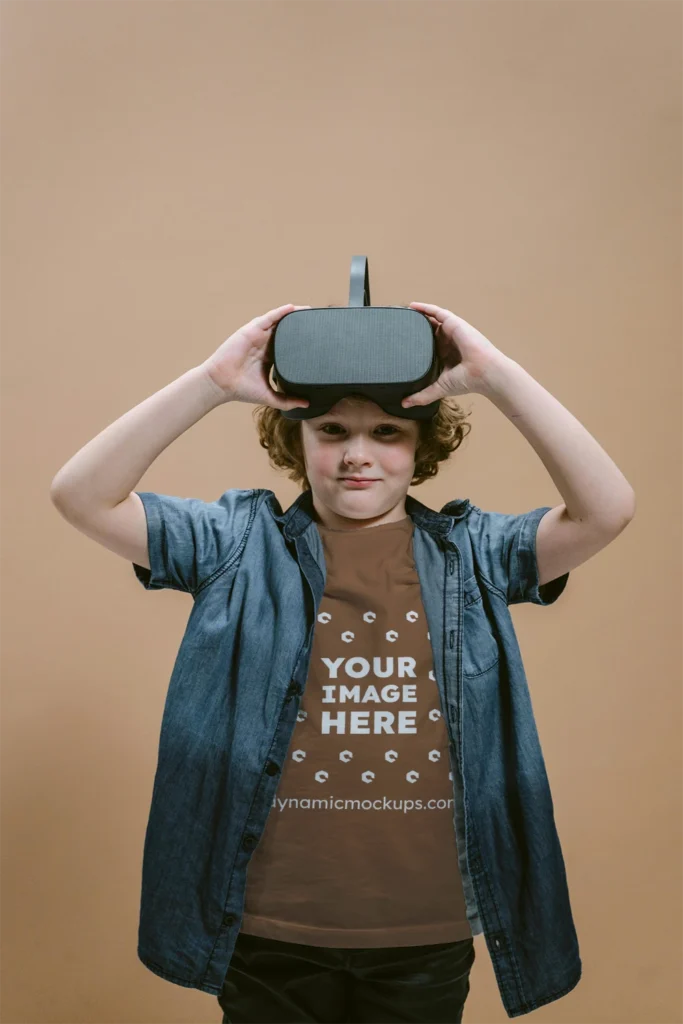 Boy Wearing Brown T-shirt Mockup Front View Template