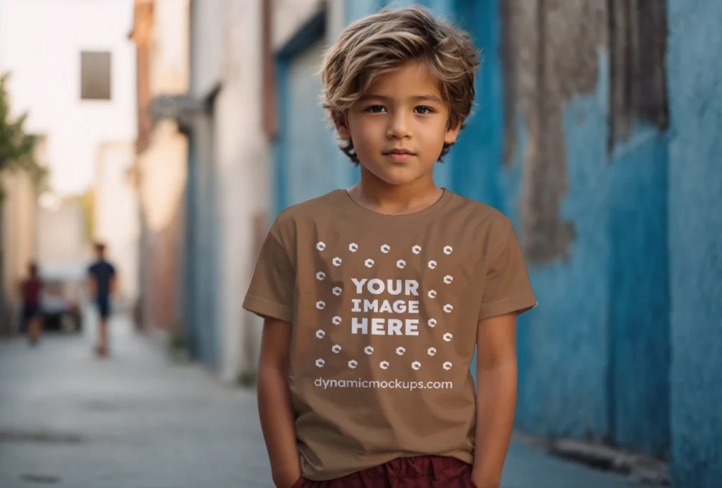 Boy Wearing Brown T-shirt Mockup Front View Template