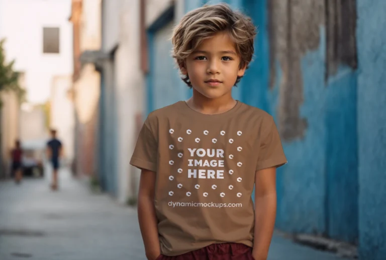 Boy Wearing Brown T-shirt Mockup Front View Template