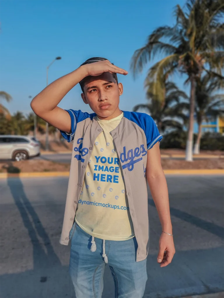 Boy Wearing Cream T-shirt Mockup Front View Template