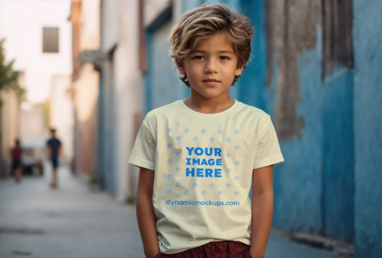 Boy Wearing Cream T-shirt Mockup Front View Template