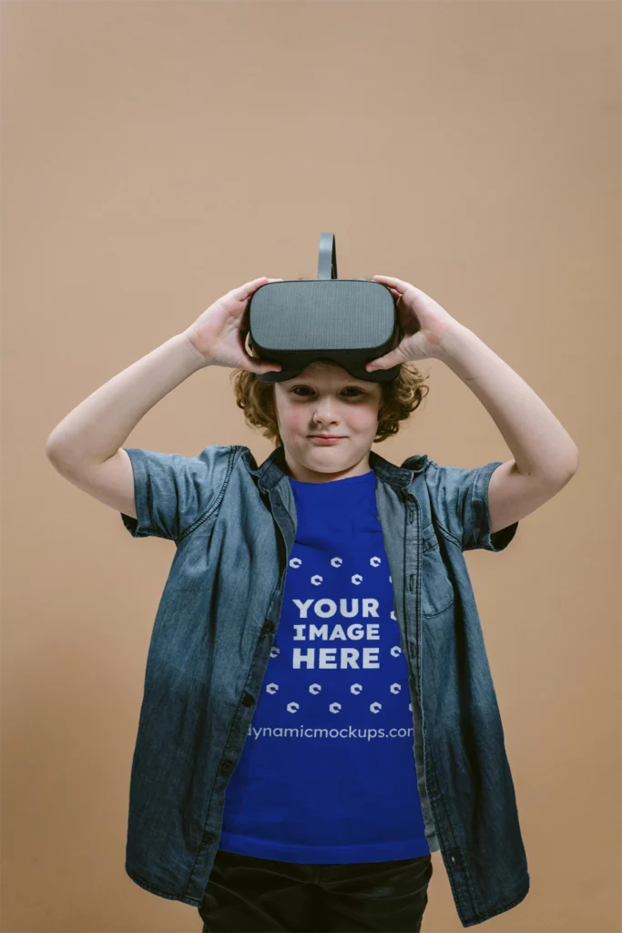 Boy Wearing Dark Blue T-shirt Mockup Front View Template