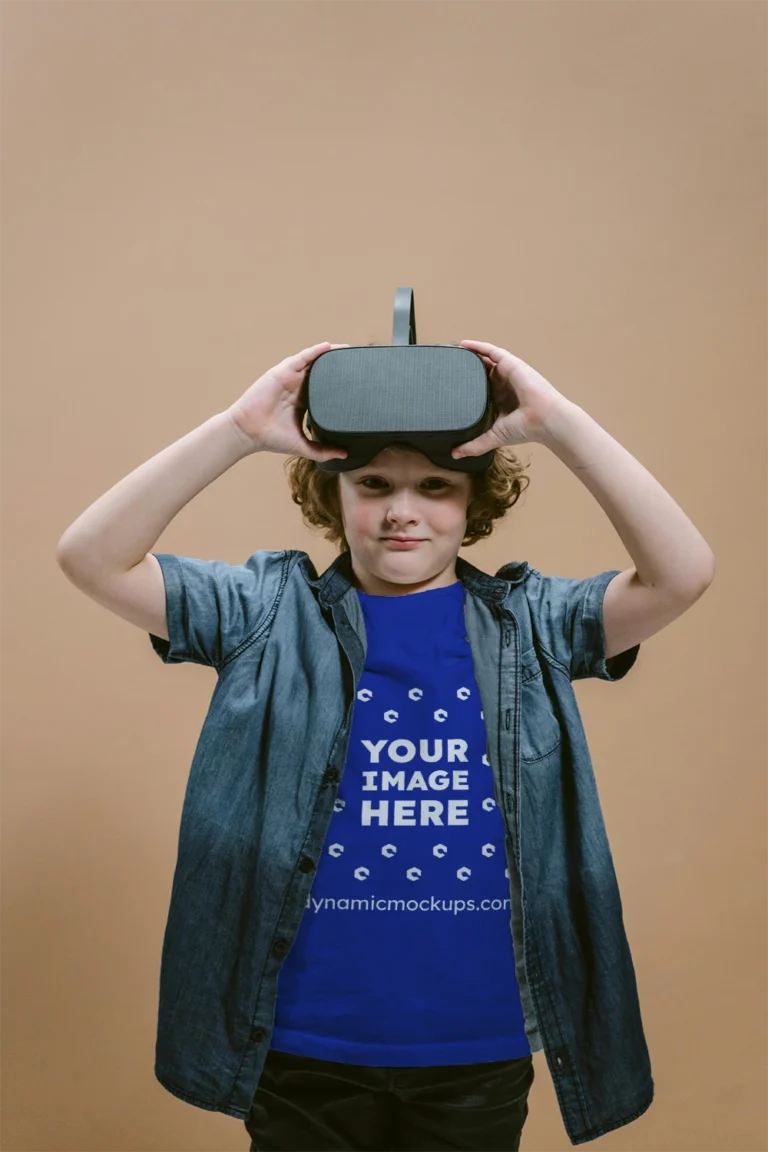 Boy Wearing Dark Blue T-shirt Mockup Front View Template