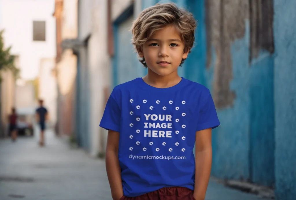 Boy Wearing Dark Blue T-shirt Mockup Front View Template