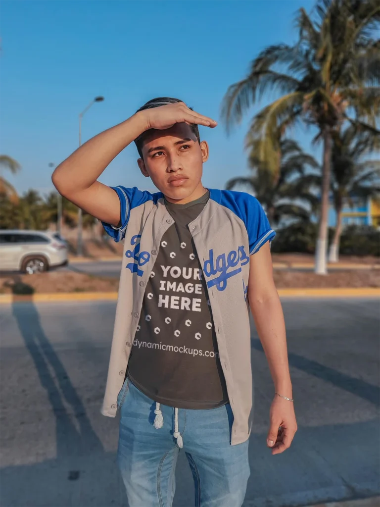 Boy Wearing Dark Gray T-shirt Mockup Front View Template