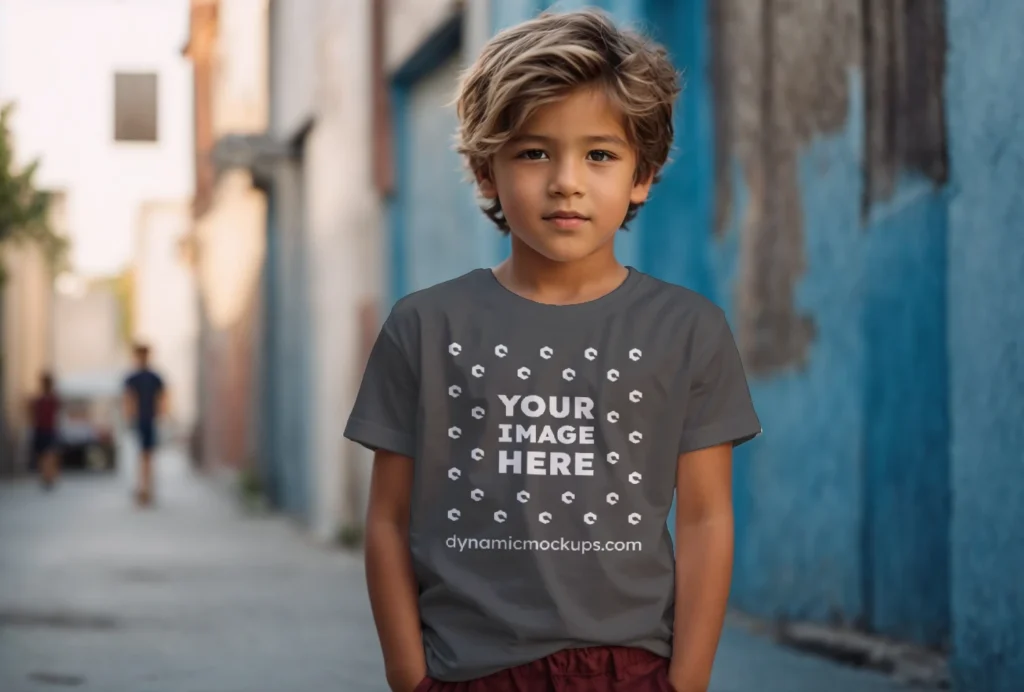 Boy Wearing Dark Gray T-shirt Mockup Front View Template