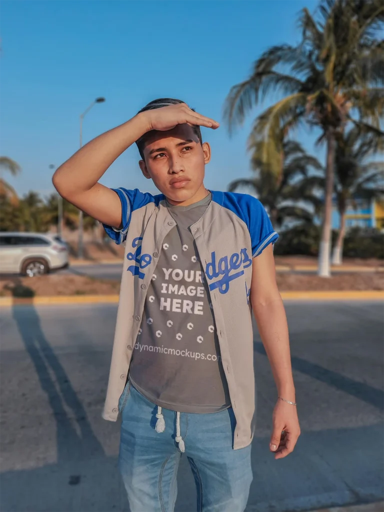 Boy Wearing Gray T-shirt Mockup Front View Template