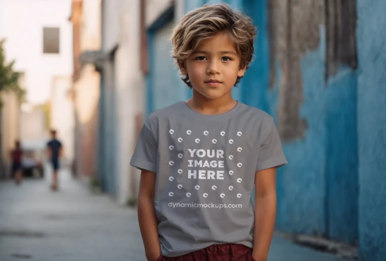 Boy Wearing Gray T-shirt Mockup Front View Template