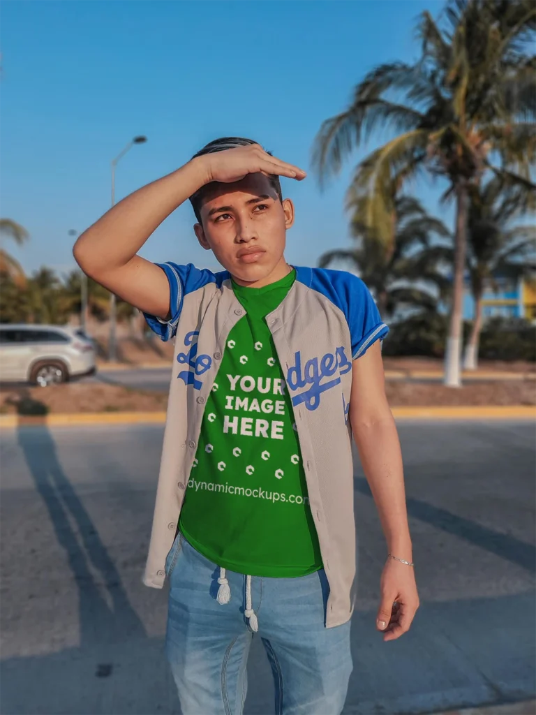 Boy Wearing Green T-shirt Mockup Front View Template