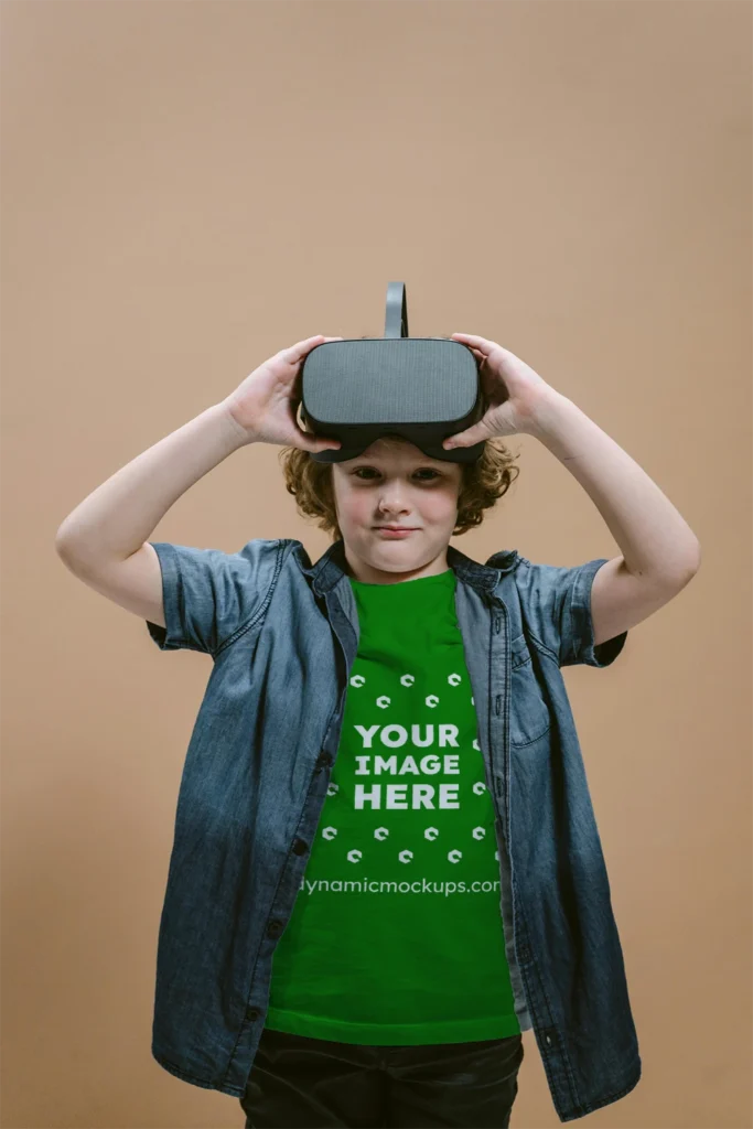 Boy Wearing Green T-shirt Mockup Front View Template