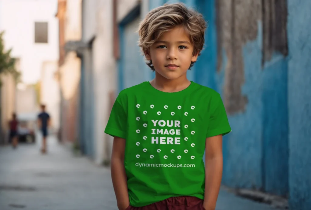 Boy Wearing Green T-shirt Mockup Front View Template