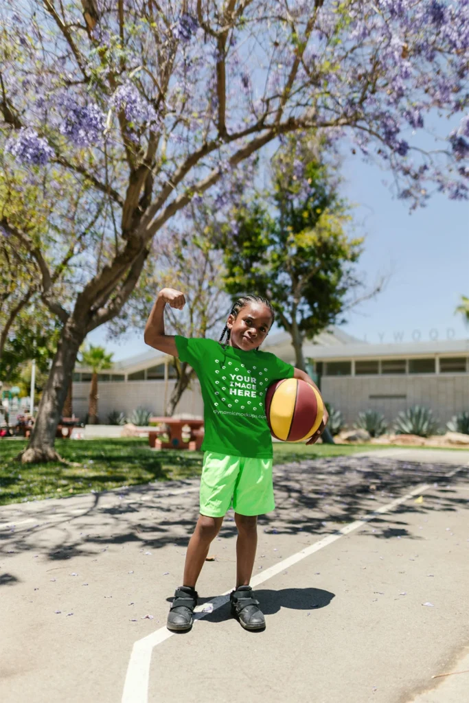 Boy Wearing Green T-shirt Mockup Front View Template