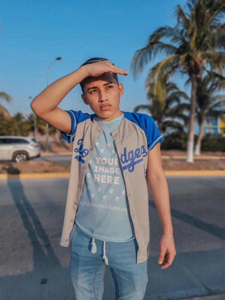 Boy Wearing Light Blue T-shirt Mockup Front View Template