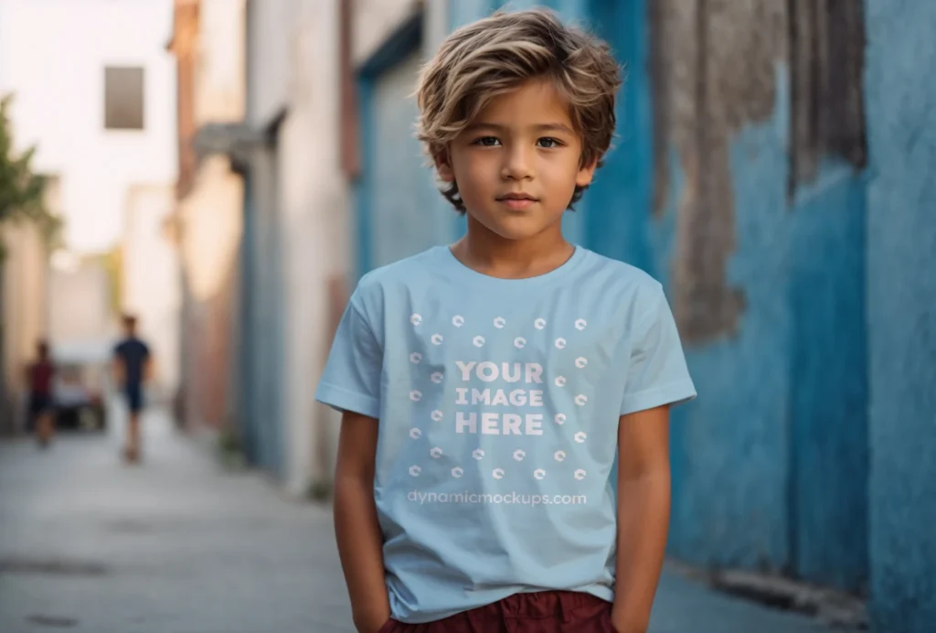 Boy Wearing Light Blue T-shirt Mockup Front View Template