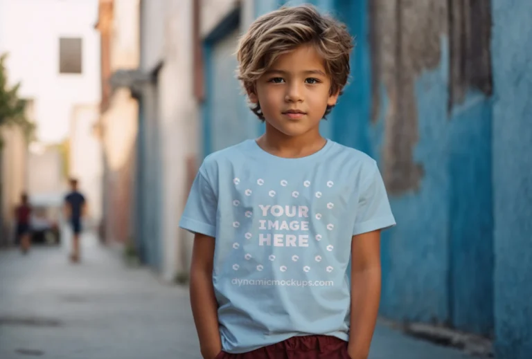 Boy Wearing Light Blue T-shirt Mockup Front View Template