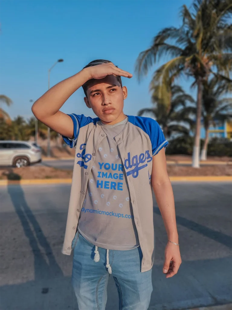 Boy Wearing Light Gray T-shirt Mockup Front View Template