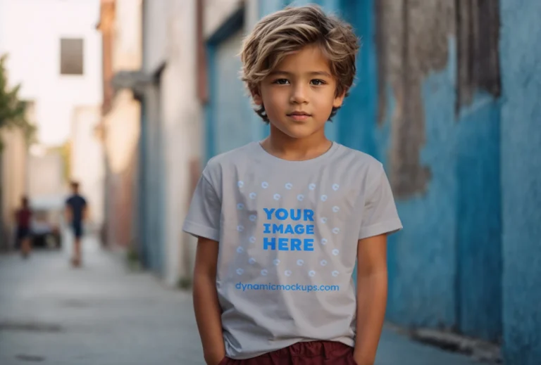 Boy Wearing Light Gray T-shirt Mockup Front View Template