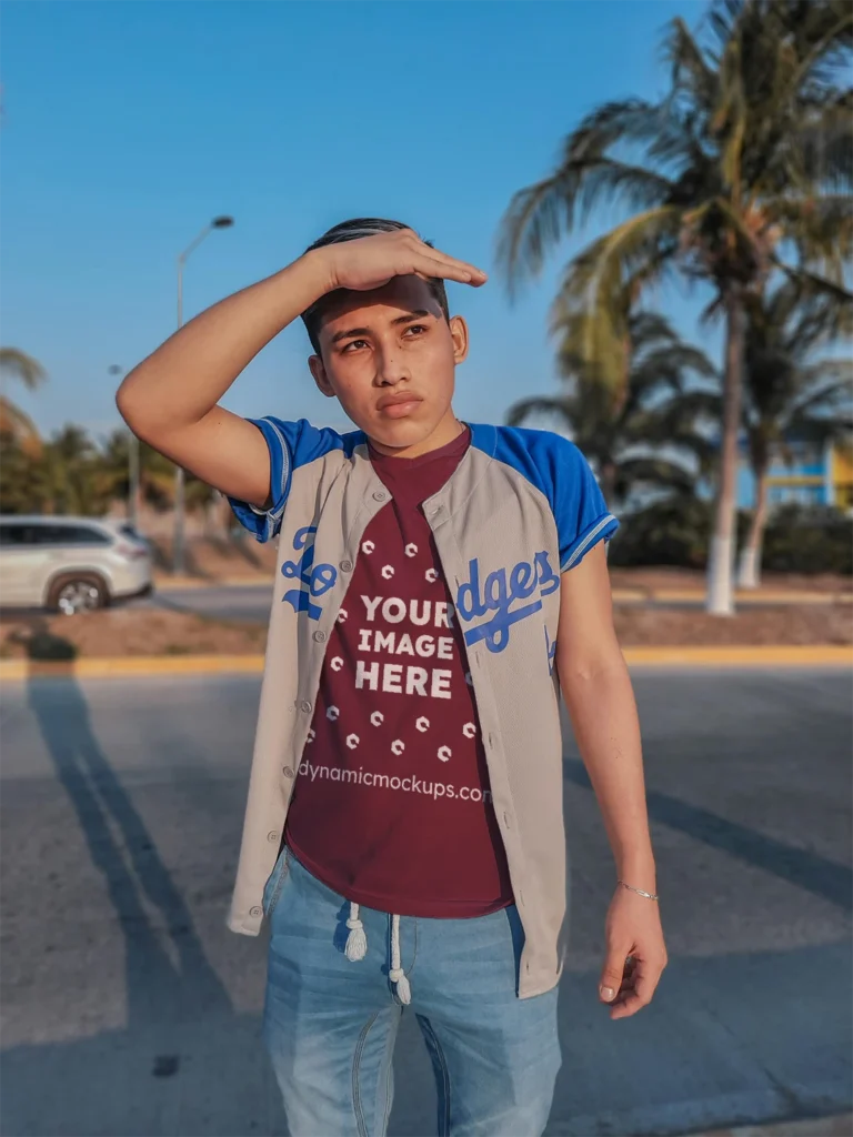 Boy Wearing Maroon T-shirt Mockup Front View Template