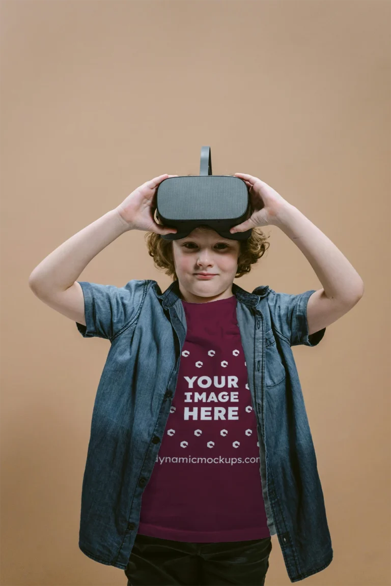 Boy Wearing Maroon T-shirt Mockup Front View Template