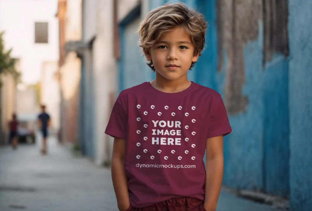 Boy Wearing Maroon T-shirt Mockup Front View Template