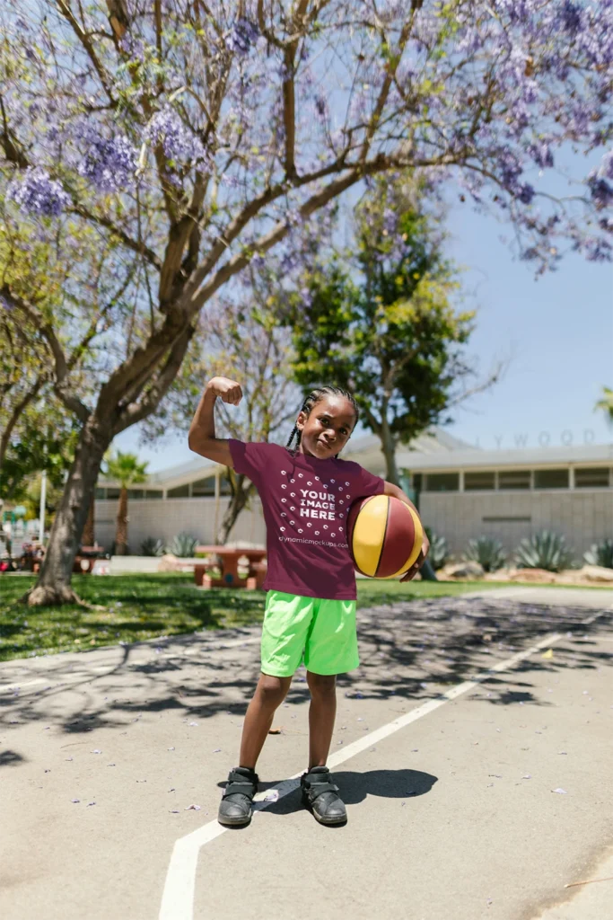 Boy Wearing Maroon T-shirt Mockup Front View Template