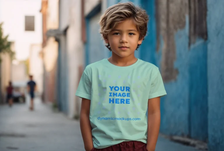 Boy Wearing Mint T-shirt Mockup Front View Template