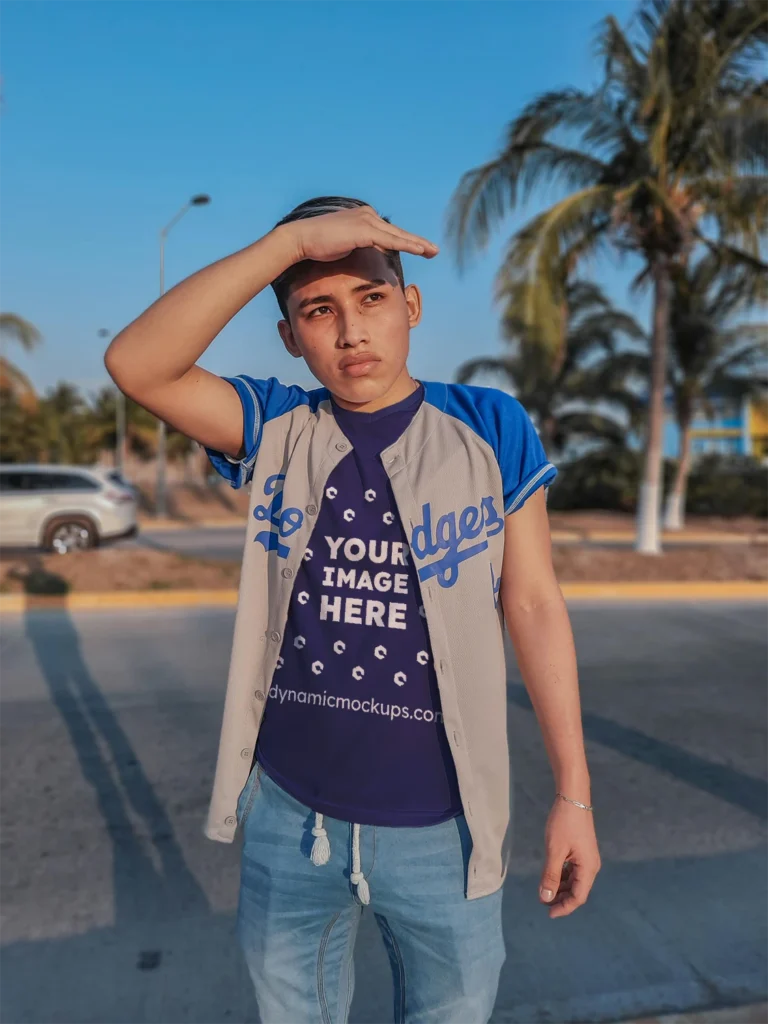 Boy Wearing Navy Blue T-shirt Mockup Front View Template