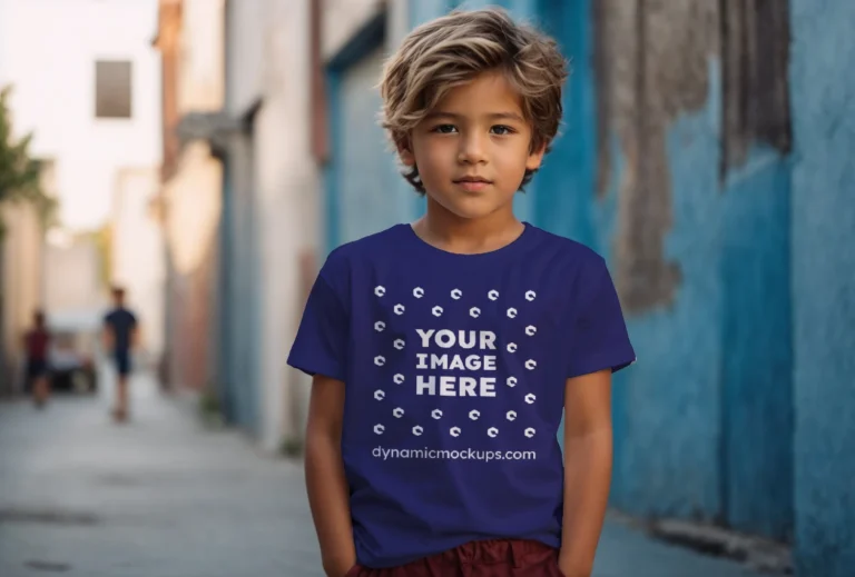 Boy Wearing Navy Blue T-shirt Mockup Front View Template