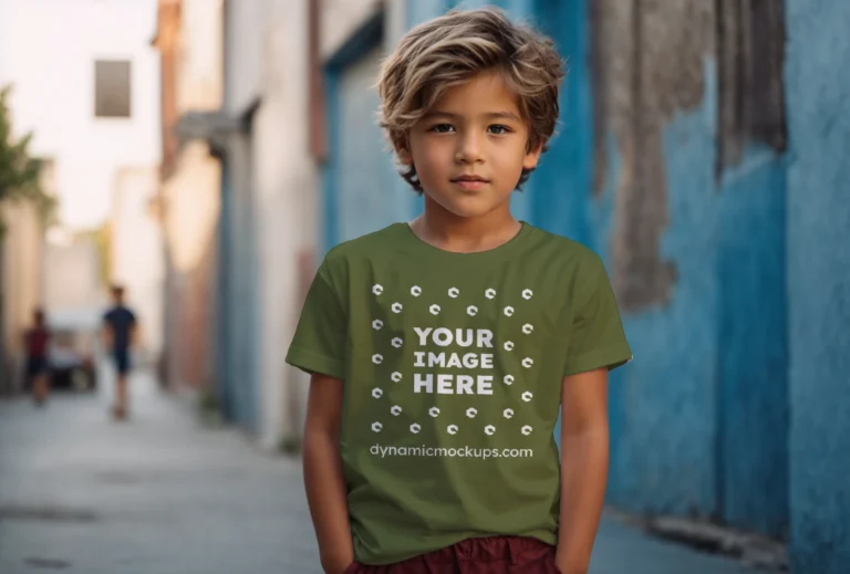 Boy Wearing Olive Green T-shirt Mockup Front View Template