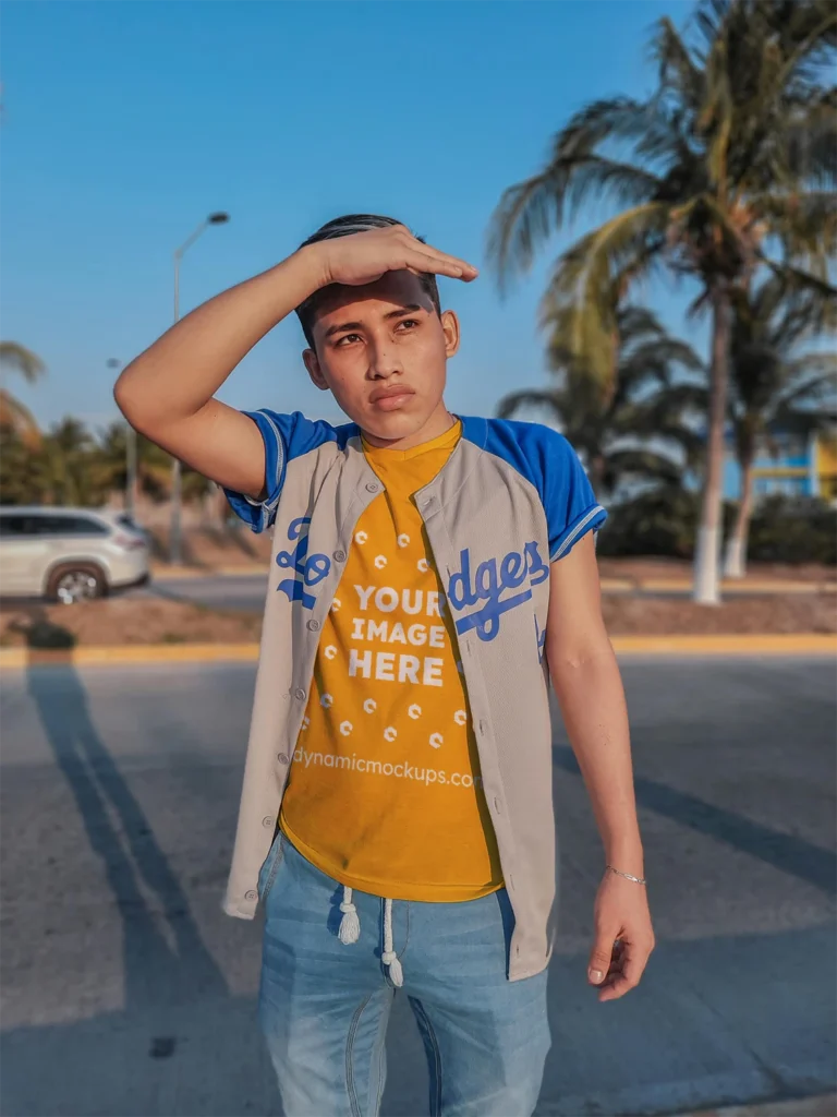 Boy Wearing Orange T-shirt Mockup Front View Template