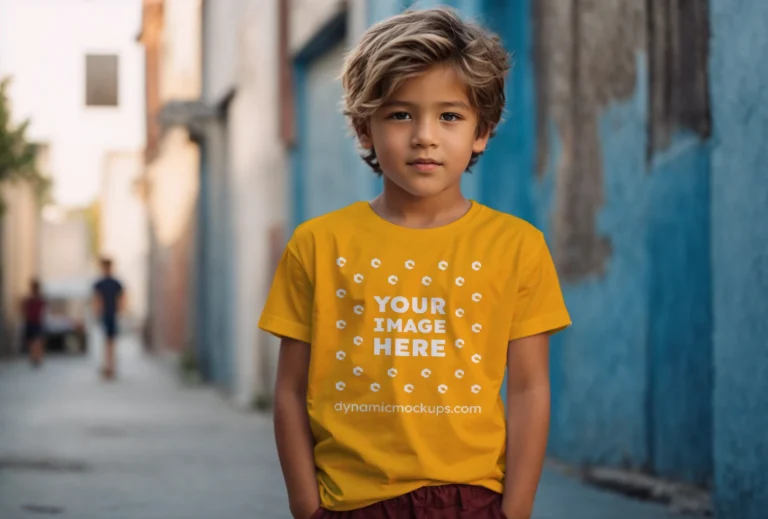 Boy Wearing Orange T-shirt Mockup Front View Template