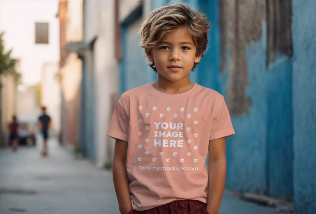 Boy Wearing Peach T-shirt Mockup Front View Template