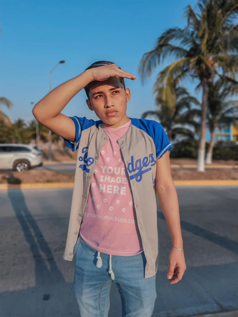 Boy Wearing Pink T-shirt Mockup Front View Template