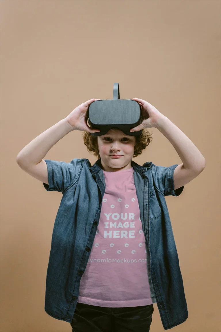 Boy Wearing Pink T-shirt Mockup Front View Template