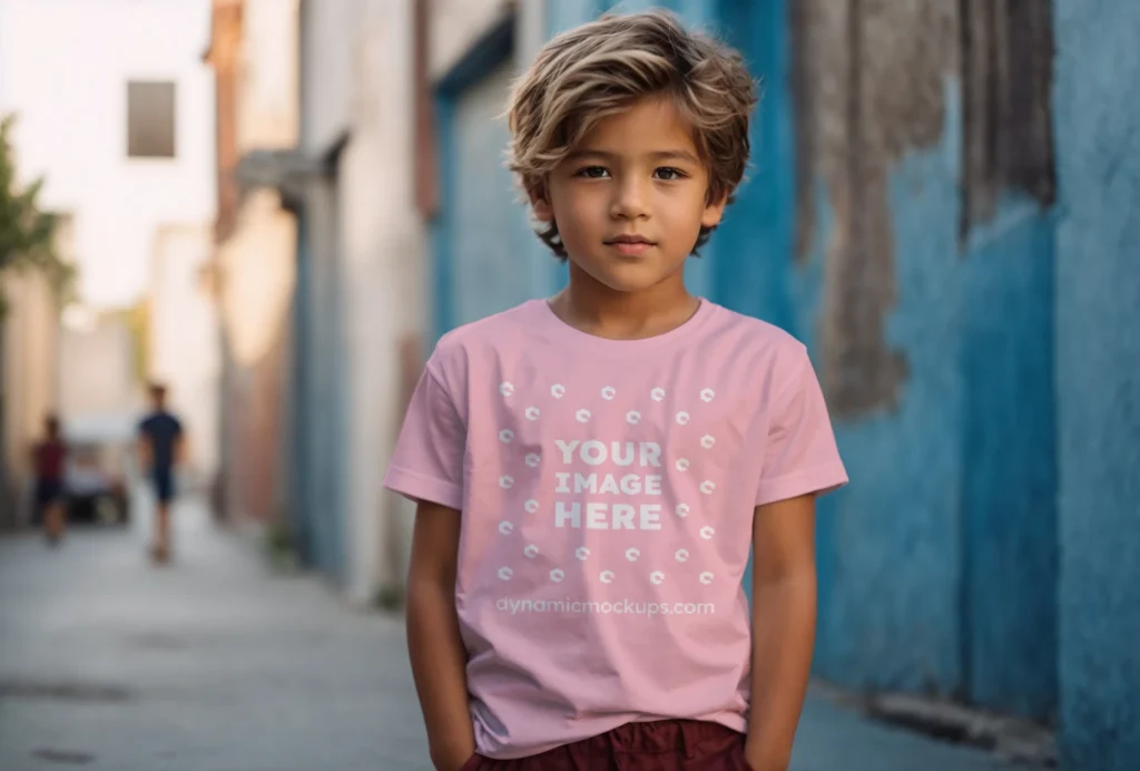 Boy Wearing Pink T-shirt Mockup Front View Template