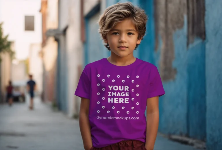 Boy Wearing Purple T-shirt Mockup Front View Template