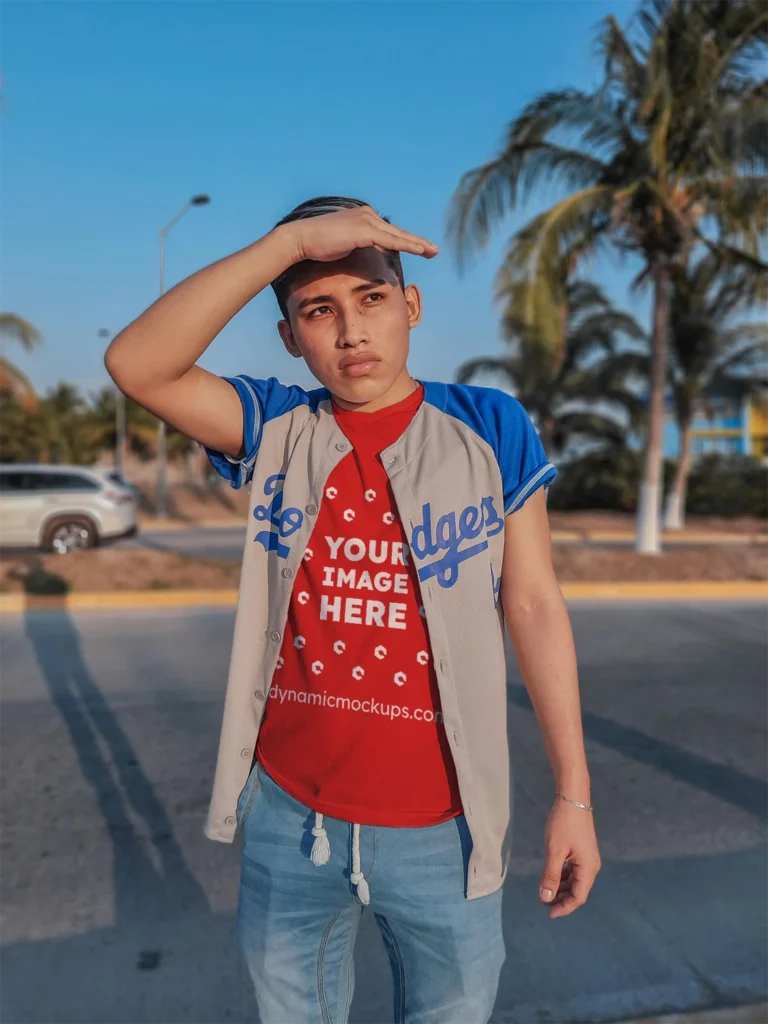 Boy Wearing Red T-shirt Mockup Front View Template