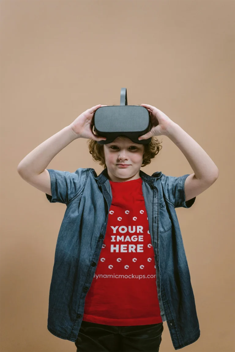 Boy Wearing Red T-shirt Mockup Front View Template