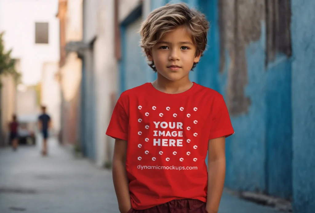 Boy Wearing Red T-shirt Mockup Front View Template