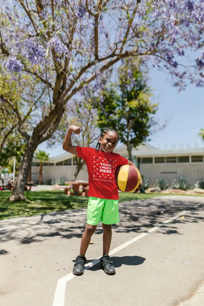 Boy Wearing Red T-shirt Mockup Front View Template