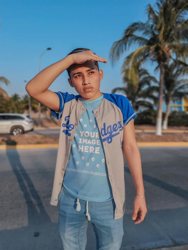 Boy Wearing Sky Blue T-shirt Mockup Front View Template