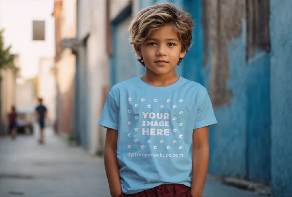 Boy Wearing Sky Blue T-shirt Mockup Front View Template