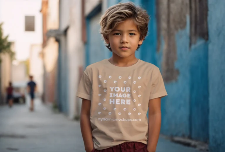 Boy Wearing Tan T-shirt Mockup Front View Template